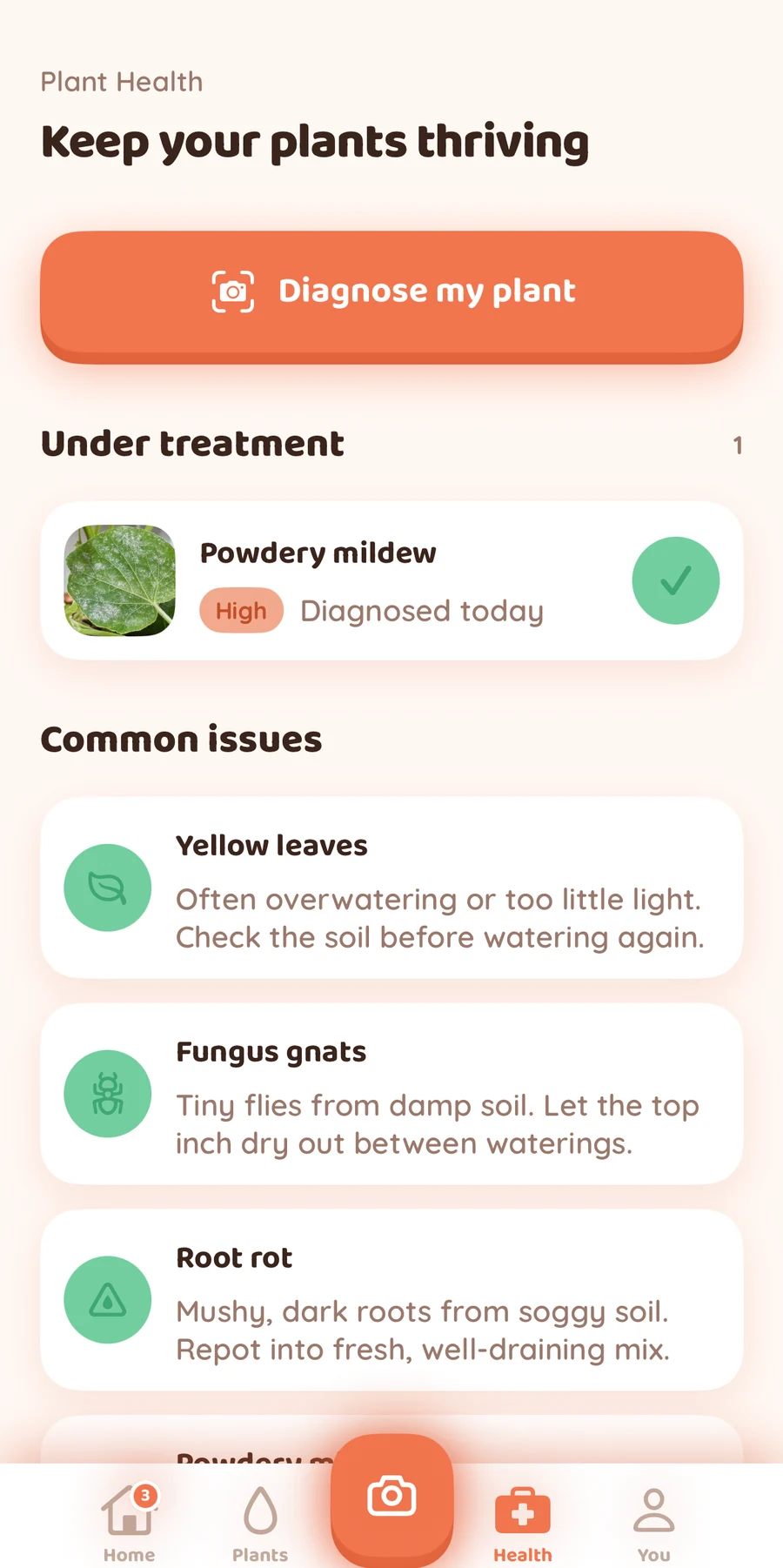 Bloom Plant Health with a photo diagnosis action, a plant under treatment, and common plant issues.