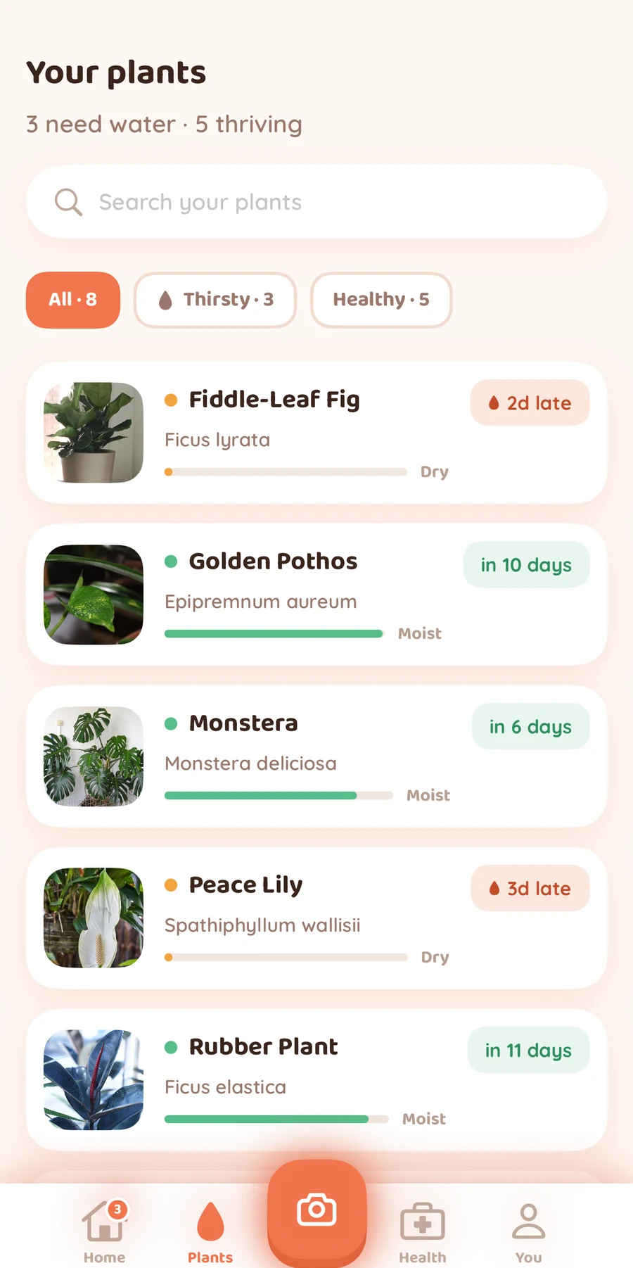 A sample Bloom plant collection with photographs, names, watering dates, and thirsty and healthy filters.