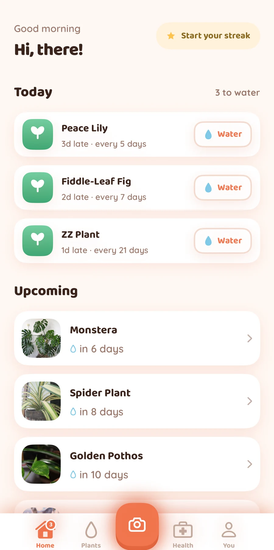 Bloom Today screen with watering tasks and upcoming plants, including Monstera and Spider Plant.