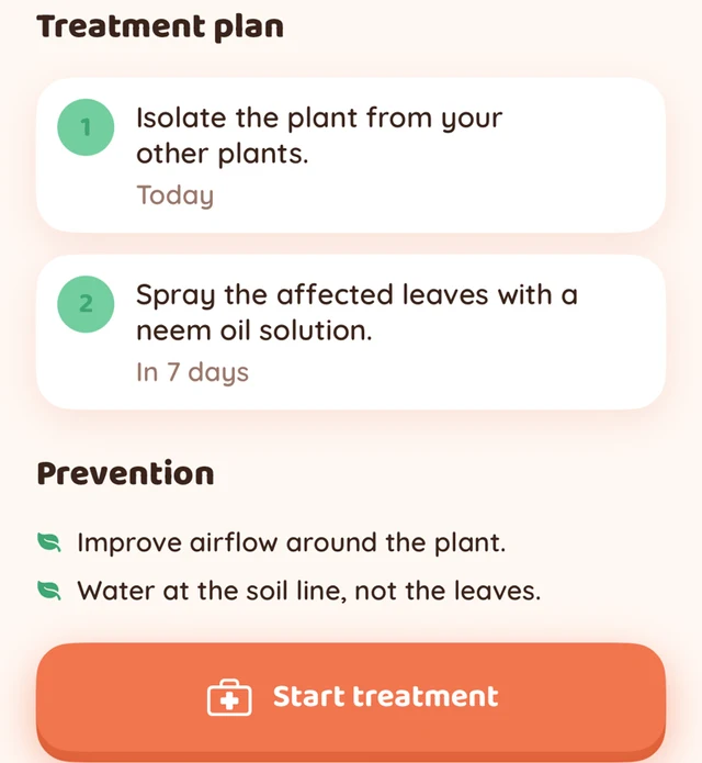 Bloom sample result excerpt with a treatment plan, prevention guidance, and Start treatment button.
